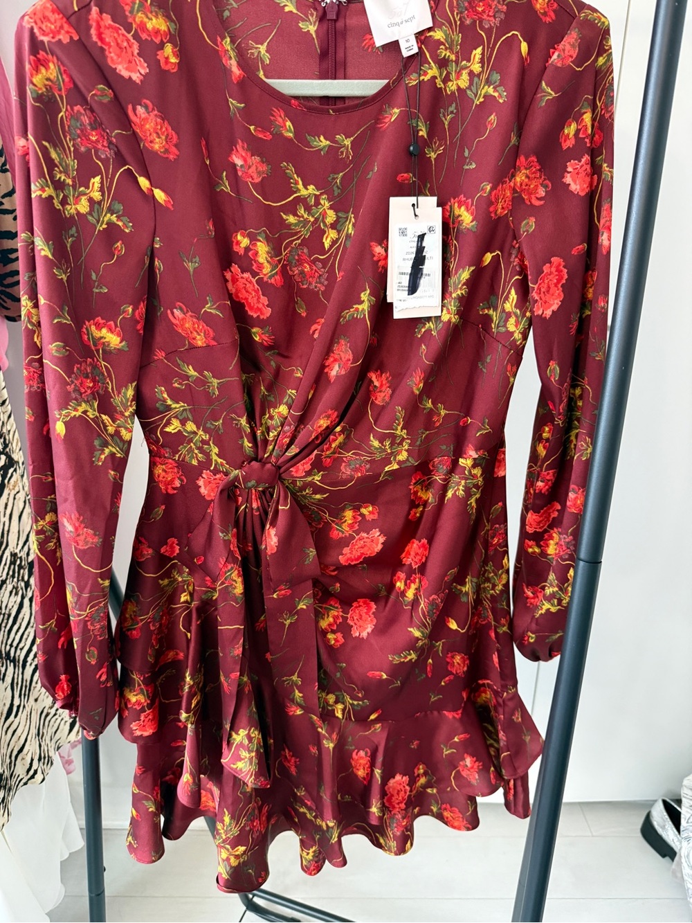 Cinq e sept Floral Burgundy Tie-Waist Ruffle Dress